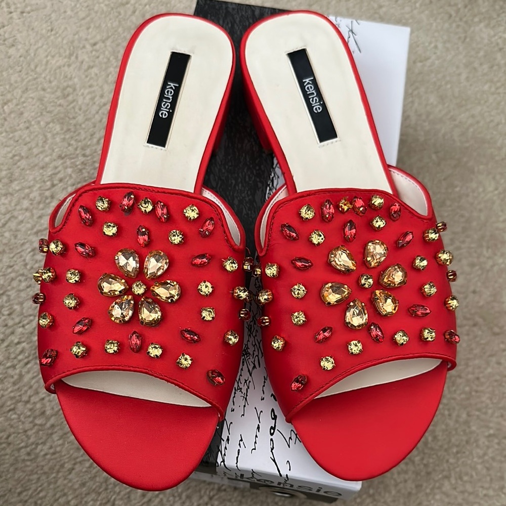 Kensie Red Gold Embellished Slide Sandals